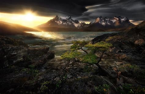 sunset, 1080P, dark, lenticular clouds, Chile, lake, snowy peak ...