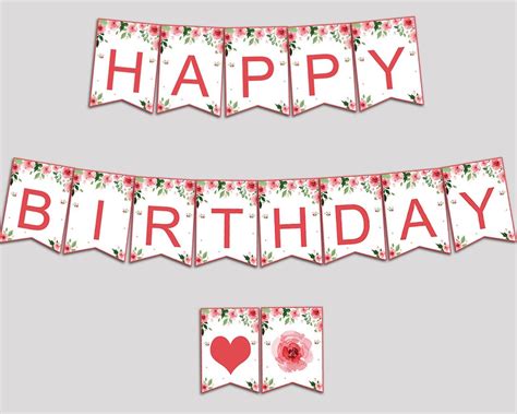 "Printable Pink, Green HAPPY BIRTHDAY banner in Watercolor Flowers theme, for Girl This ...