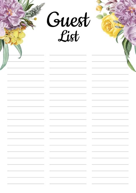 Printable Floral Guest List PDF Download | Wedding guest list template, Guest list template ...