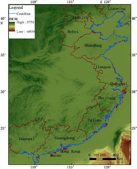 The location of the study area, showing the coastline of China's... | Download Scientific Diagram