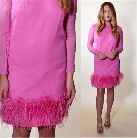 1960s RARE authentic vintage hot pink party mini dress with ostrich feather trim women's size small