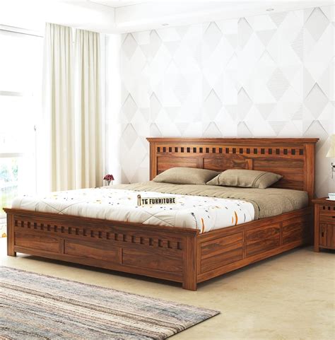 TG Furniture Solid Sheesham Wood Queen Size Bed with Box Storage for ...