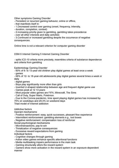 Other symptoms Gaming Disorder - Other symptoms Gaming Disorder Persistent or recurrent gaming ...