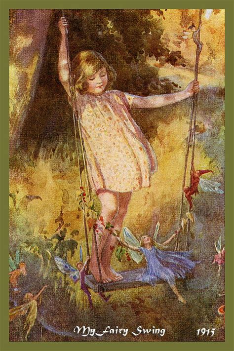 My Fairy Swing by Margaret Tarrant from 1915. Quilt Block of vintage fairy image printed on ...