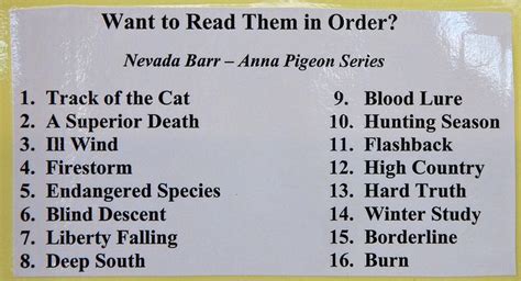 Nevada Barr's Anna Pigeon series, listed in order by Lester Public ...