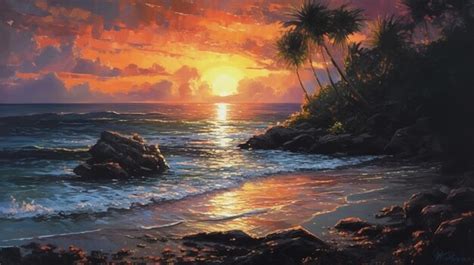 Premium AI Image | A painting of a sunset with palm trees on the beach.