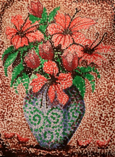 flowers pointillism painting #flowers #pointillism #green # vase #pot # ...