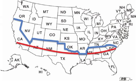 Map of the United States demonstrating the 33rd parallel (red line),... | Download Scientific ...