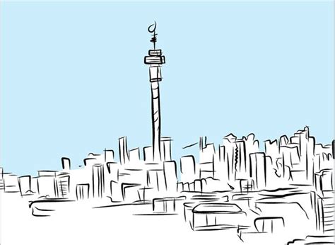 a black and white drawing of a tall tower in the middle of a large city