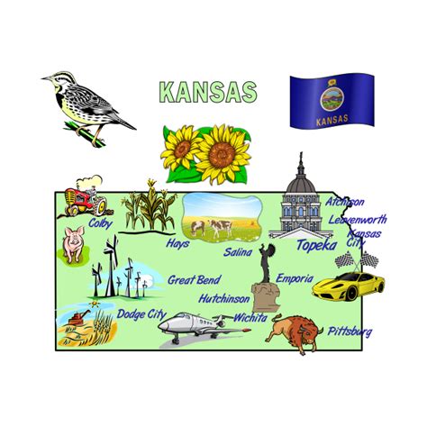 Kansas tourist map with landmarks, flag and famous symbols, USA ...