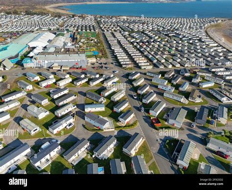 Porthcawl, Wales - March 2023: Aerial view of Trecco Bay holiday caravan park in South Wales ...