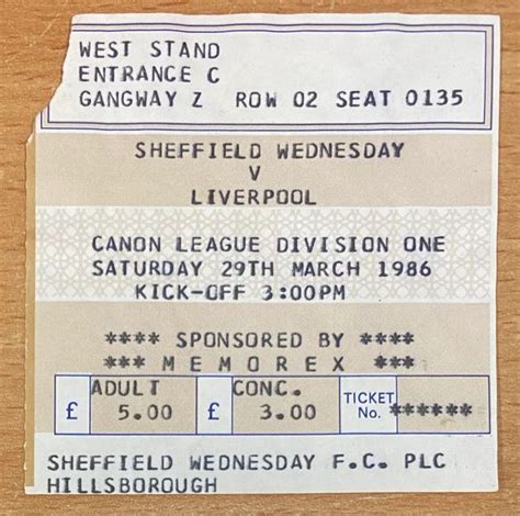 1985/86 ORIGINAL DIVISION ONE TICKET SHEFFIELD WEDNESDAY V LIVERPOOL ...