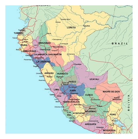 Large political and administrative map of Peru with roads and major ...