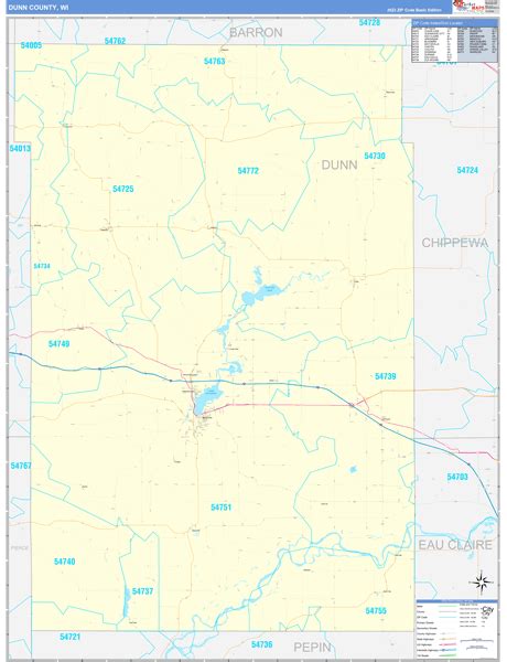 Dunn County, WI Zip Code Wall Map Basic Style by MarketMAPS - MapSales