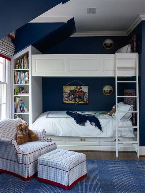 Navy Boys Bedroom with Wainscoted Bunk Beds - Transitional - Boy's Room