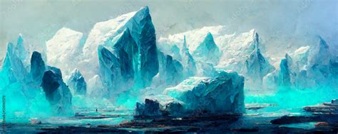 Desert ice landscape with iceberg and water. Digital painting and game ...