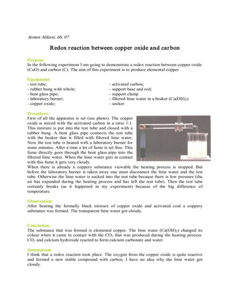 Redox reaction between copper oxide and carbon