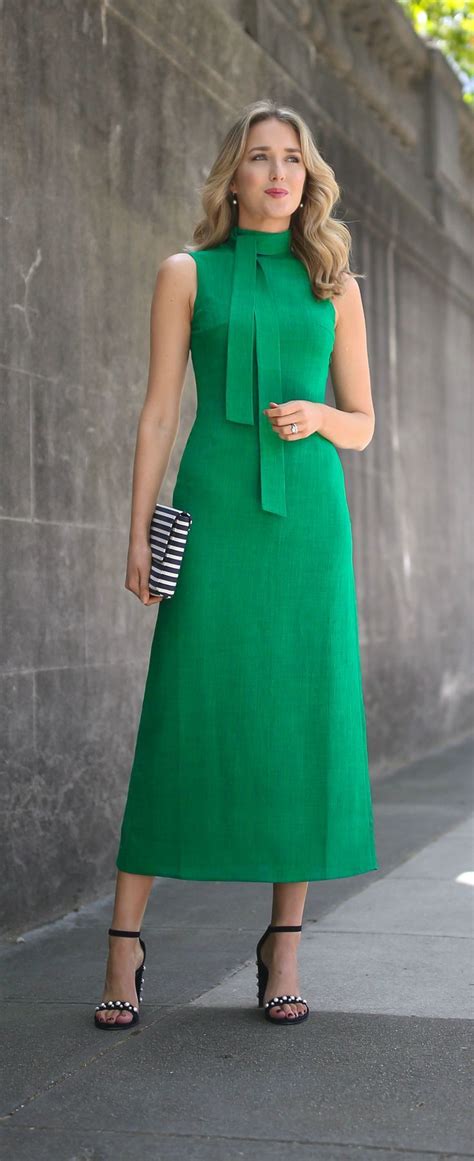 kelly green midi dress with tie neck detail, navy blue suede ankle ...