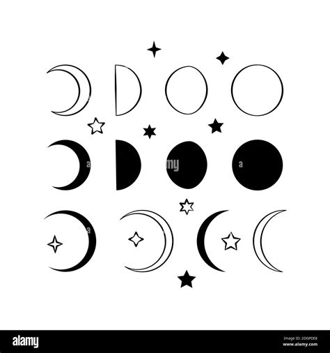 Silhouette and line art of moon phases and stars set. Isolated on white ...