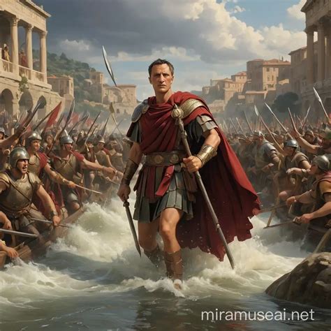 Julius Caesar Crossing the Rubicon River with Determination and Historic Significance | MUSE AI