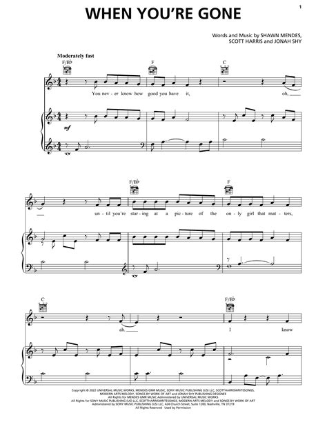 Shawn Mendes "When You're Gone" Sheet Music Notes | Download Printable ...