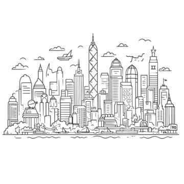 Hong Kong Cityscape Skyline Outline Doodle Drawing, City Drawing, Wing Drawing, Sky Drawing PNG ...