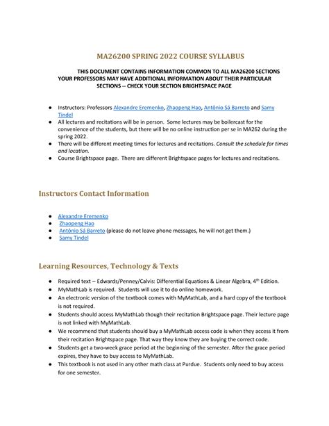 Syllabus MA 262Spring 2022 - MA26200 SPRING 2022 COURSE SYLLABUS THIS ...