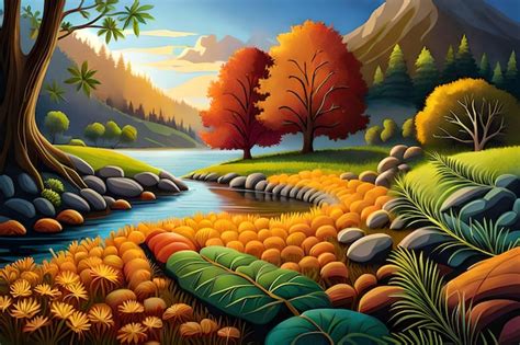 Premium AI Image | A painting of a river with trees and mountains in ...