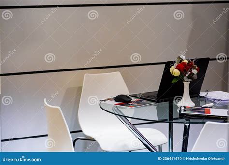 Round Glass Conference Table with White Chairs Stock Photo - Image of future, glass: 236441470