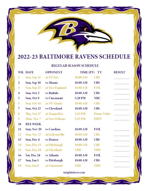 Printable 2022-2023 Baltimore Ravens Schedule