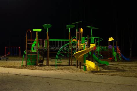 Playground in the Night Park Stock Photo - Image of cityscape, metal ...