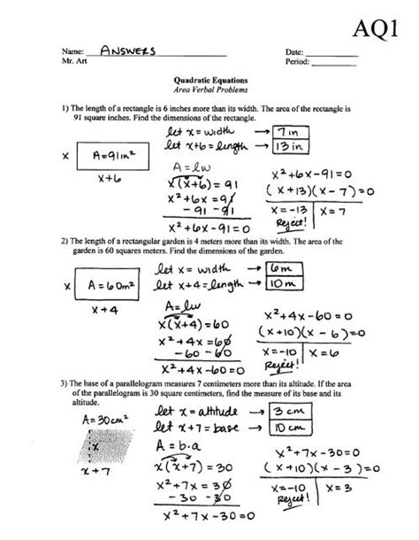 Quadratic Formula Worksheet Answer Key