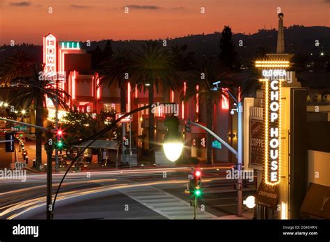 Brea, California, USA - June 2, 2021: Sunset descends over the popular shopping and ...