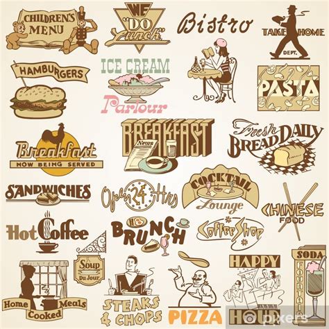 Wall Mural Retro vintage labels restaurant, set of various food themes ...