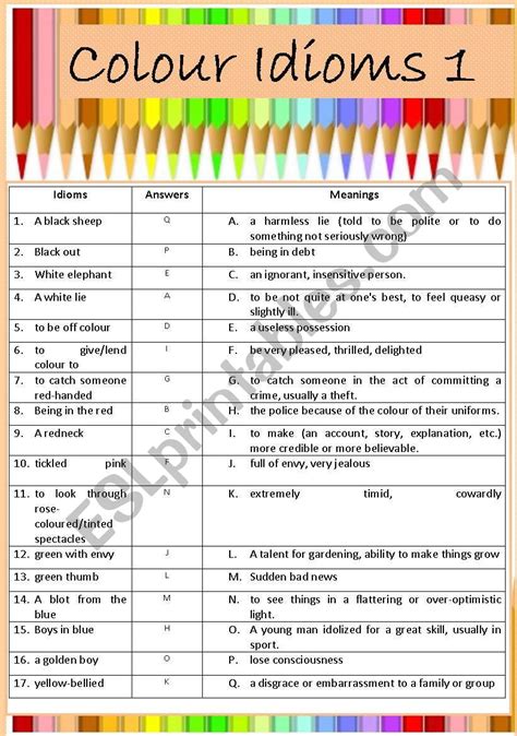 Colour Idioms - ESL worksheet by dingjai