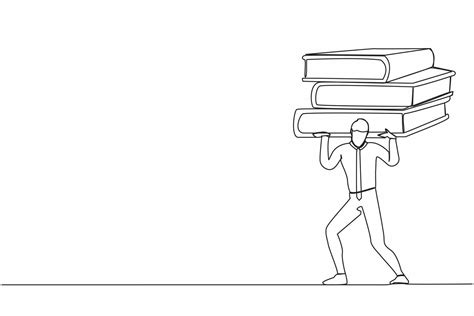 Continuous one line drawing exhausted businessman carrying heavy pile of paper folder on his ...