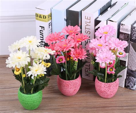 Silk Gerbera Daisy Flower Arrangements+Vase Artificial African Chrysanthemum Flower Basket For ...