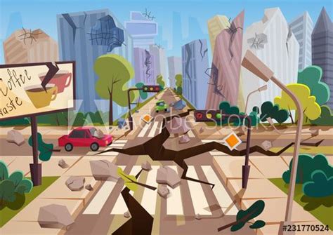 Realistic earthquake with ground crevices in cartoon ruined urban city ...