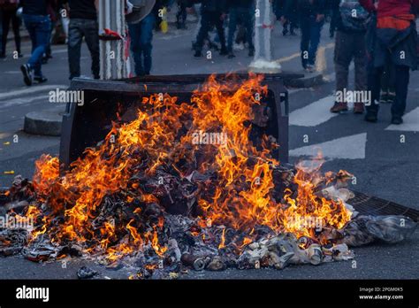 MARCH 23, 2023 - PARIS, FRANCE : Protesters against France pension reforms walk in Paris streets ...