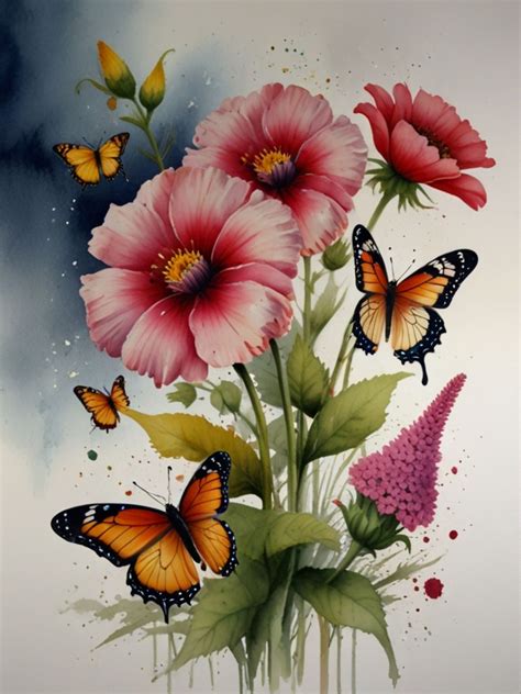 Butterflies And Flowers Painting Free Stock Photo - Public Domain Pictures