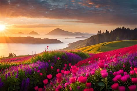 Premium AI Image | a colorful landscape with pink flowers and mountains in the background.