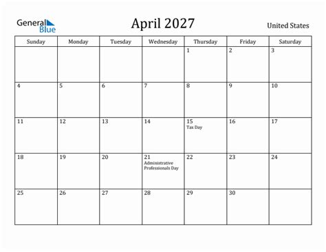 April 2027 Monthly Calendar with United States Holidays