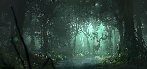 HD wallpaper: Fantasy, Landscape, Deer, Forest, tree, plant, beauty in ...