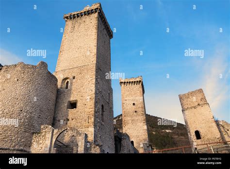 Towers and rampart of Pacentro castle at sunset (Italy Stock Photo - Alamy