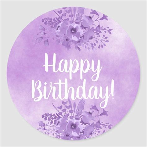 Happy Birthday with violet watercolored flowers Classic Round Sticker ...