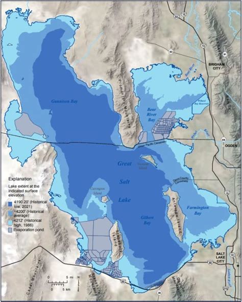 Areal extent and elevation of Great Salt Lake at historical high ...