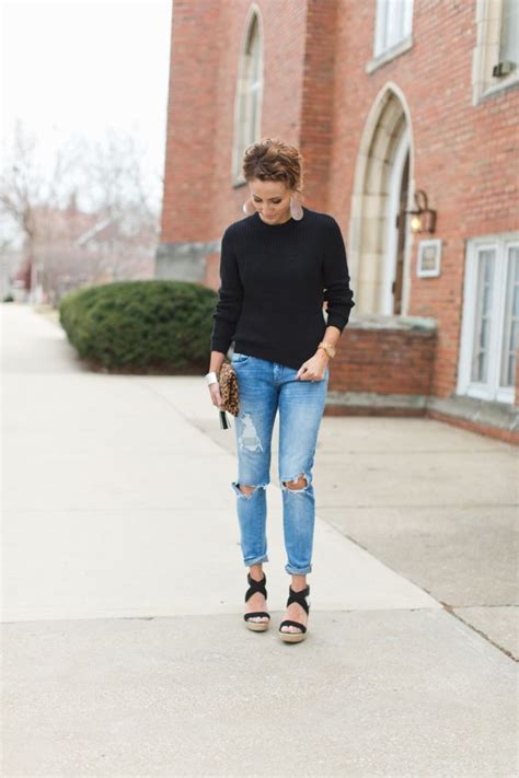 winter chic, black sweater, distressed denim, leather earrings, leopard ...