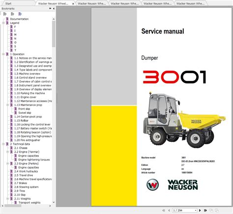 Wacker Neuson Wheel Dumper 3001 Operator, Service Manual & Spare Parts Catalog