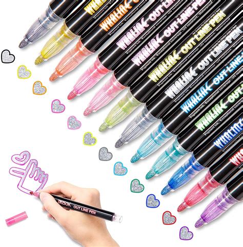 Buy Whaline Double Line Chisel Point Outline Pens, 12 Colors Self-Outline Drawing Metallic ...