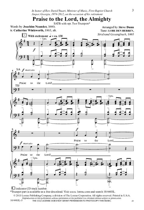 Praise To The Lord The Almighty Sheet Music by Steve Dunn (SKU: 10/4403L) - Stanton's Sheet Music